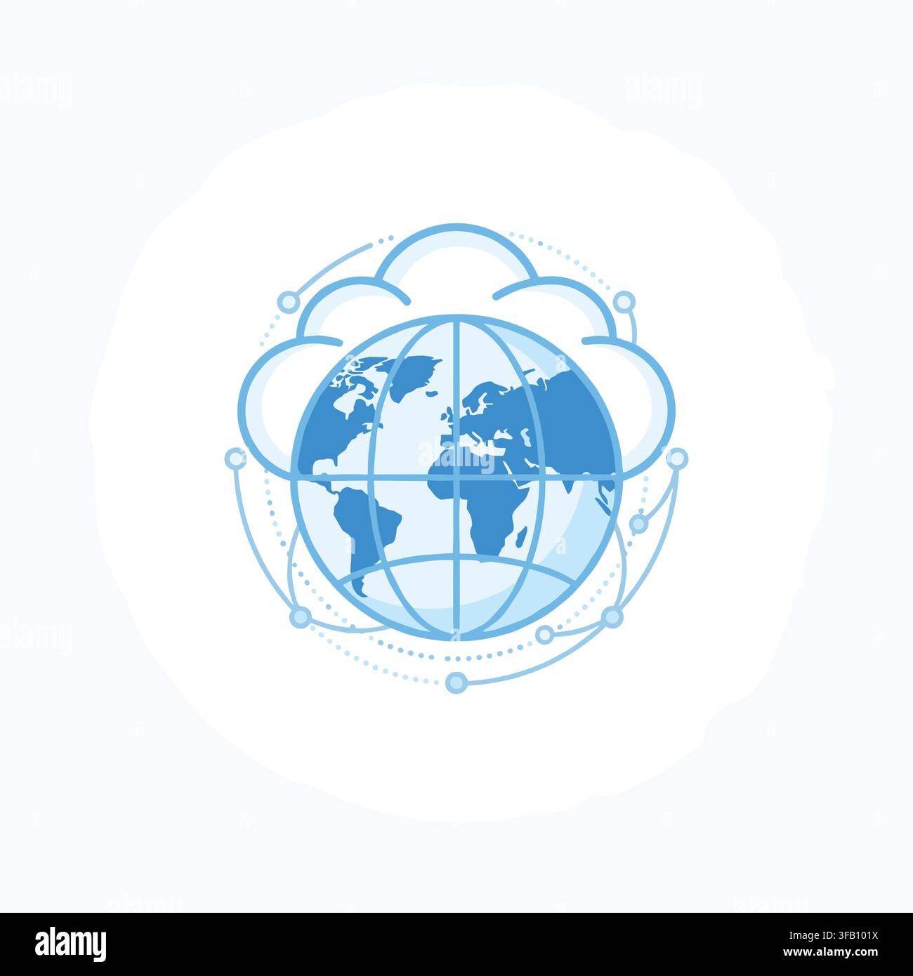 Global cloud computing network concept illustration showing world globe surrounded by digital data connection lines. Stock Vector