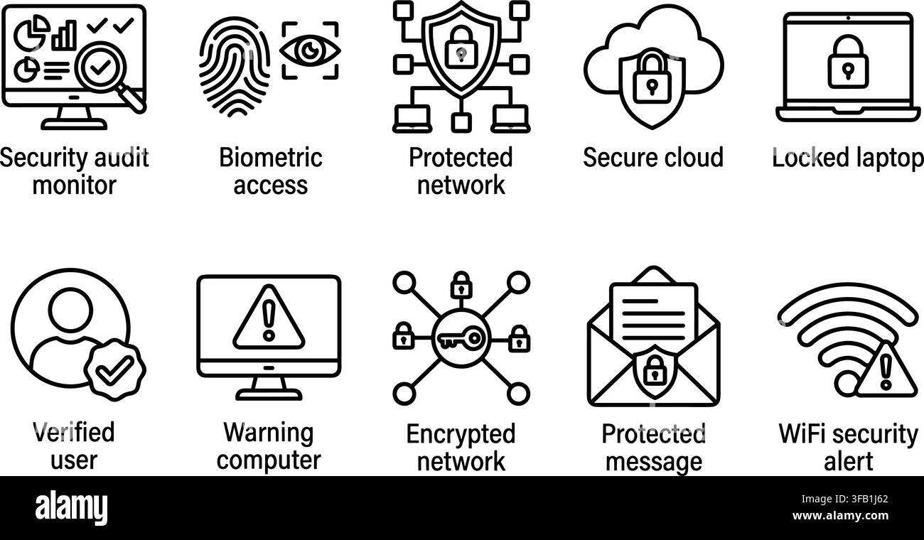 Cyber security and data protection thinline icons featuring biometric access encrypted network and cloud. Stock Vector