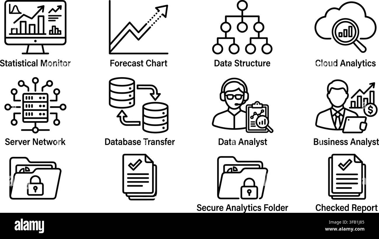 Data management line icon set displaying server network cloud database transfer analyst and folder security. Stock Vector
