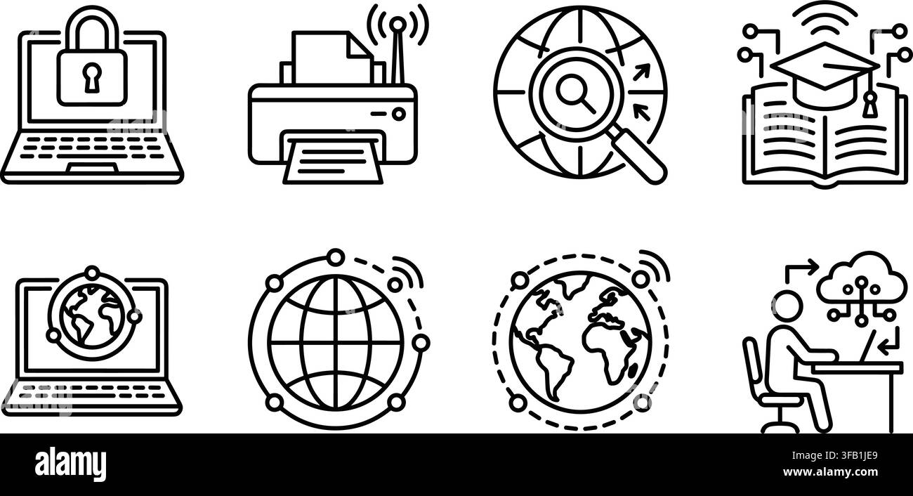 Digital communication icons set featuring linear black network elements designed for modern web interface. Stock Vector