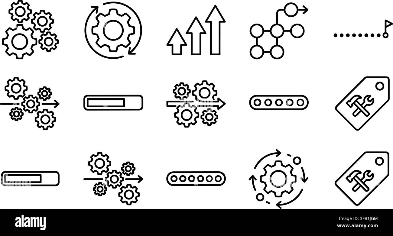 Gears system and process progress linear vector icons set with outline elements for technical concepts. Stock Vector