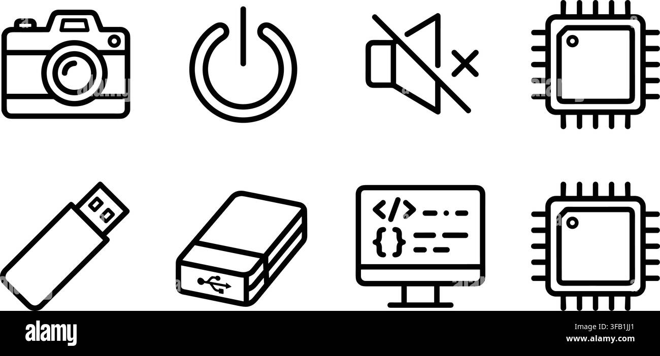 Computer hardware outline icon set featuring storage camera processor and code screen for tech interfaces. Stock Vector