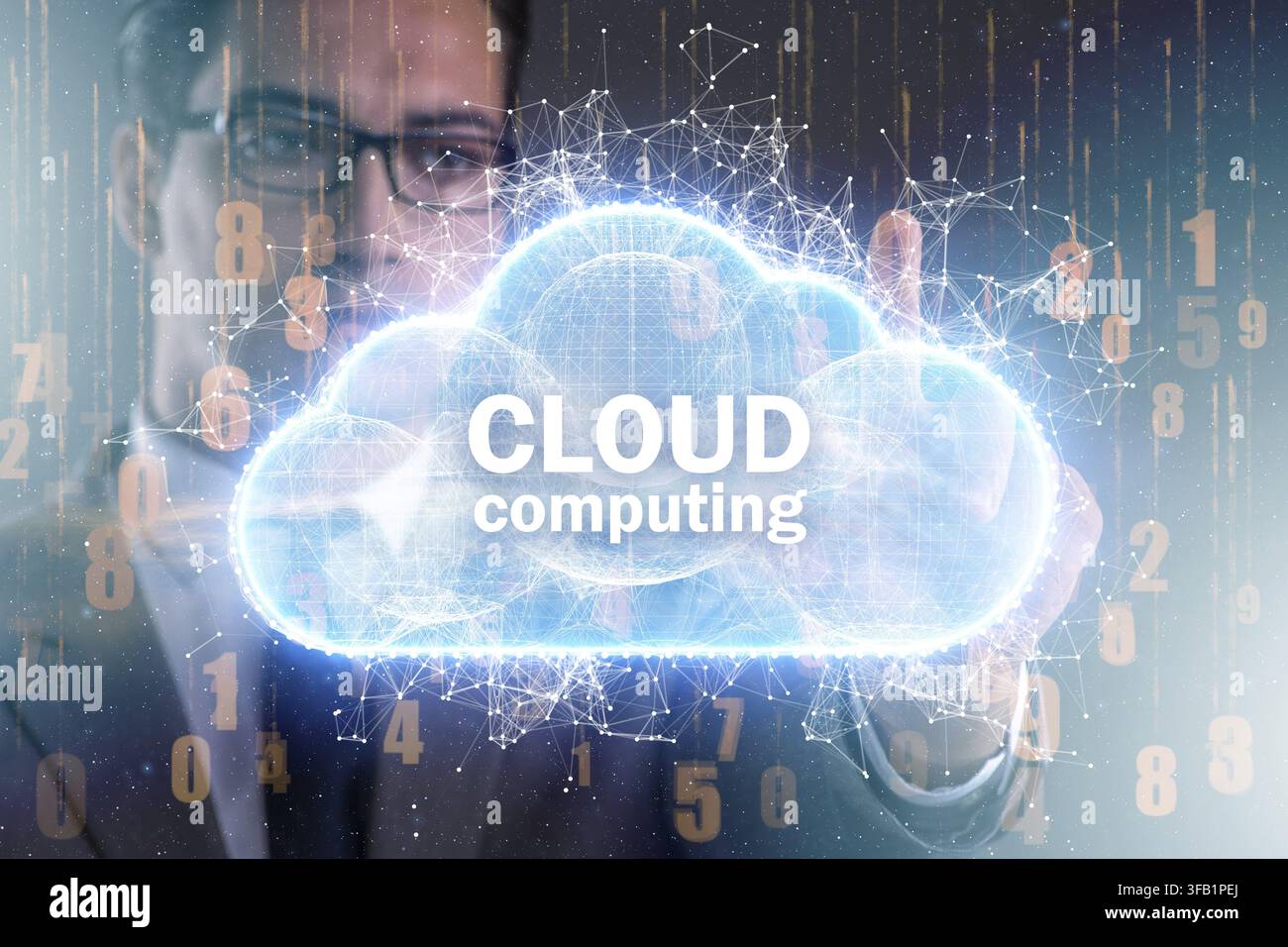 The cloud computing concept with a woman pressing buttons Stock Photo