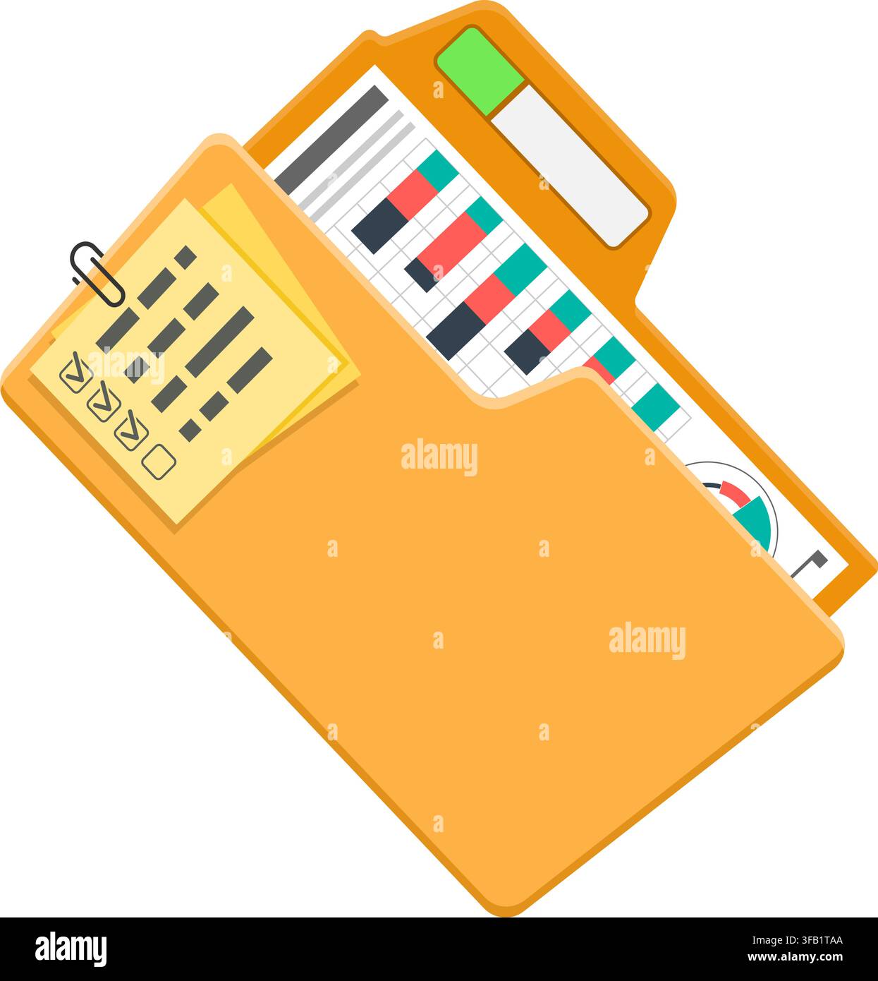 Open Folder Icon with Document and Infographics. Flat Style. Isolated Vector Illustration Stock Vector