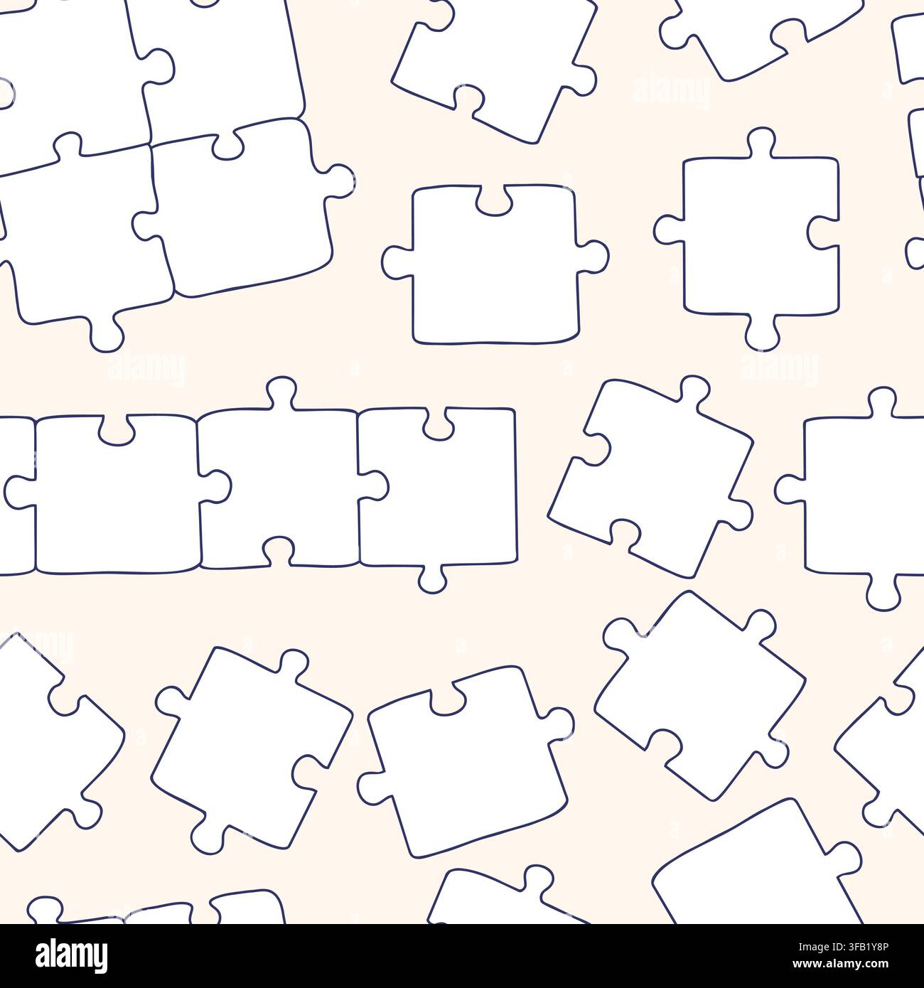 Jigsaw Puzzle Pieces Seamless Pattern. Game Strategy Teamwork Partnership Integration Problem Solving Smart Idea Doodle Texture. Line Art Hand Drawn Stock Vector