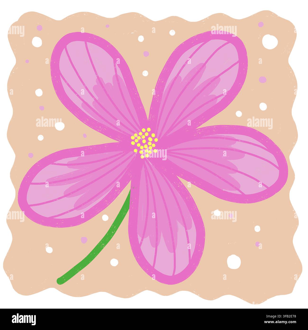 Hand-drawn illustration of a single large flower with intricately veined petals and a textured stem, set on a dotted background. Stock Photo