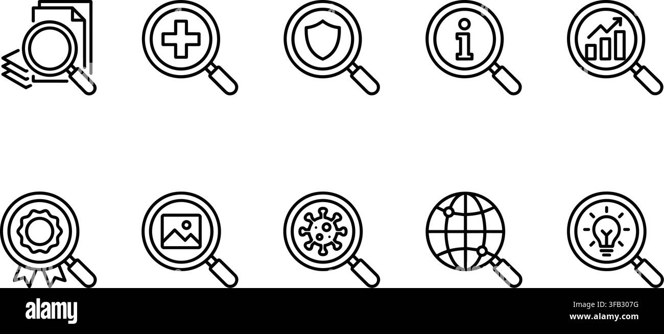 Magnifying glass line icons set on transparent background showing different search symbols and analytic analysis graphics. Stock Vector