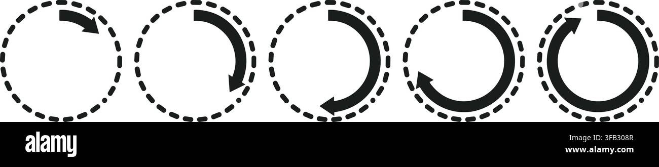 Loading circle progress bar vector animation frames showing continuous rotation steps on transparent background grids. Stock Vector