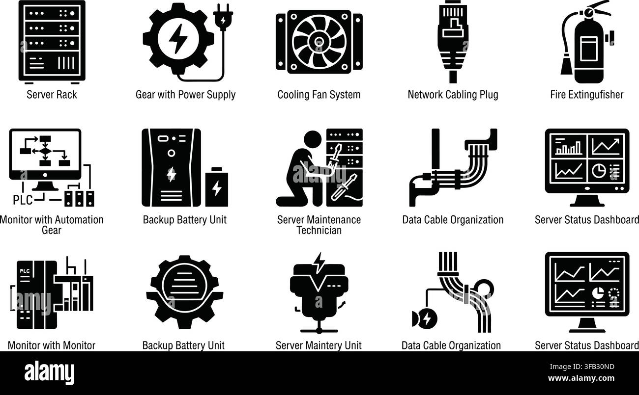 Server rack and network maintenance hardware flat glyph icons set showing database storage backup power data cabling tools. Stock Vector