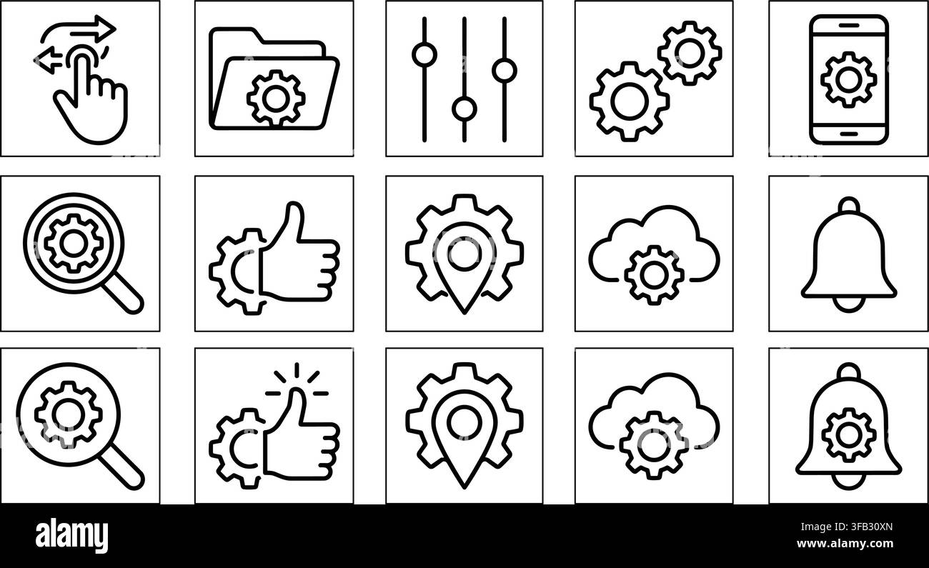 Settings and configuration vector line icons set inside grey square borders for user interface customization tools. Stock Vector