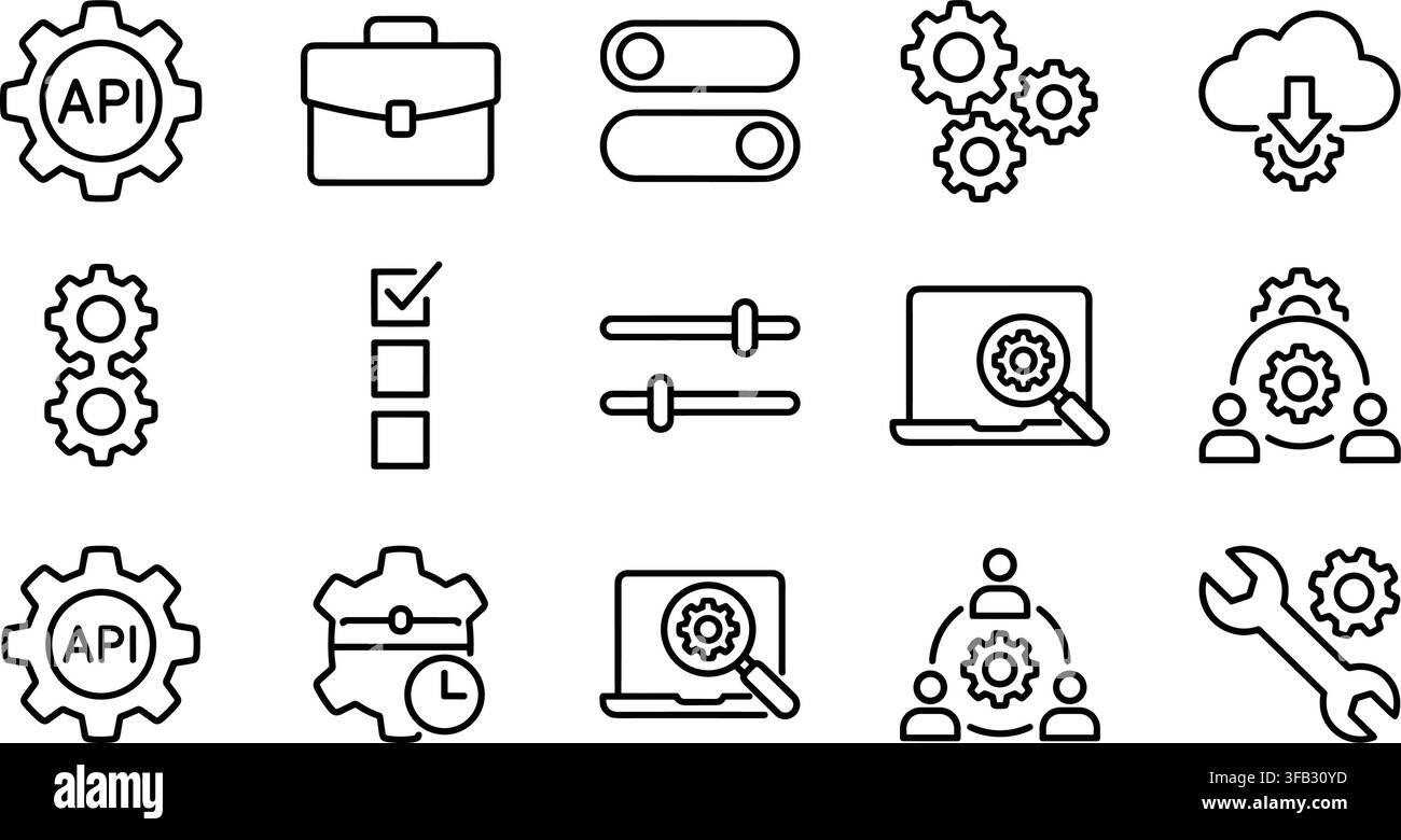 Software development and project management icons featuring api gears laptops search tools and team collaboration tasks. Stock Vector