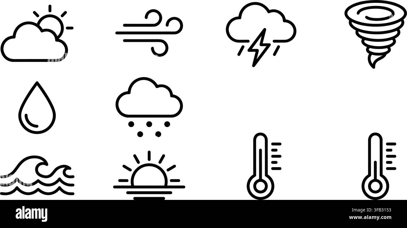 Weather forecast elements collection including clouds wind rain lightning tornado thermometer and wave illustrations. Stock Vector