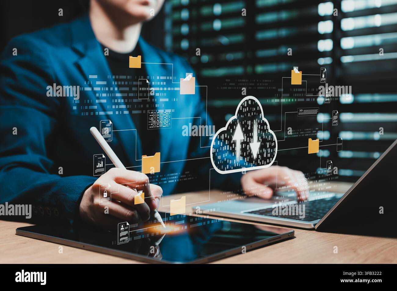 Cloud computing file transfer and digital document management concept. Person using laptop with upload and download icon, connected folder, secure dat Stock Photo