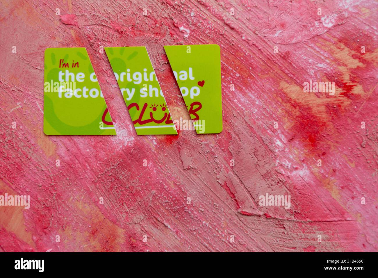 Green plastic loyalty card for the original Factory Shop which went into administration at the start of 2026 so the card is cut into pieces. Stock Photo