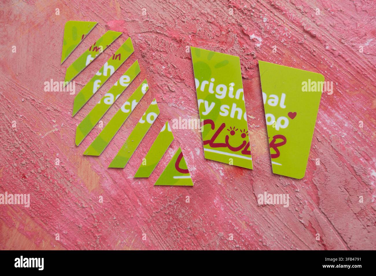 Green plastic loyalty card for the original Factory Shop which went into administration at the start of 2026 so the card is cut into pieces. Stock Photo