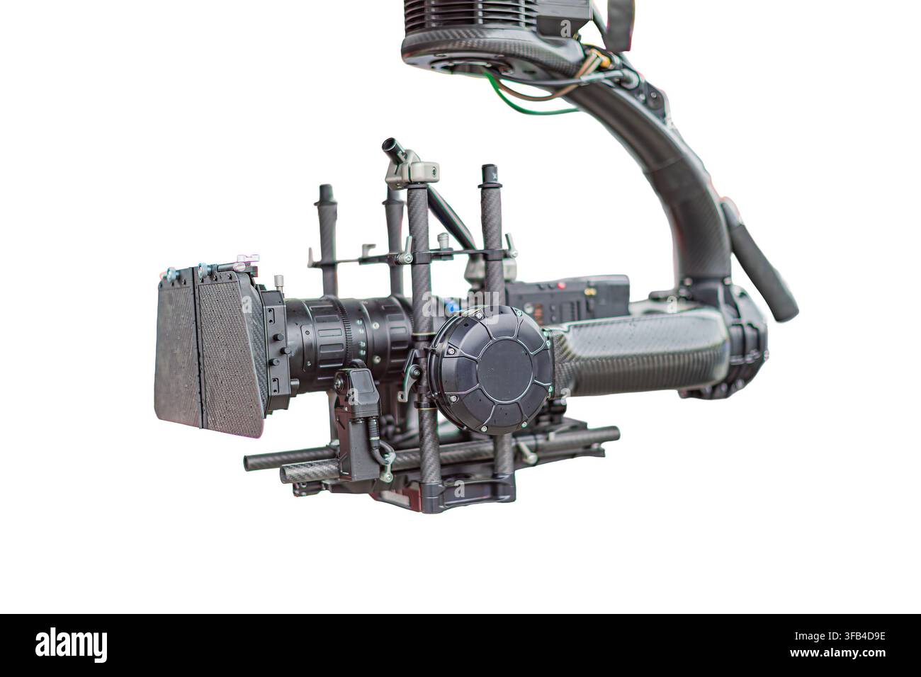 Camera rig with high-end camera, various accessories, intricate design, matte box, handles, knobs, durable materials, white background, professional p Stock Photo
