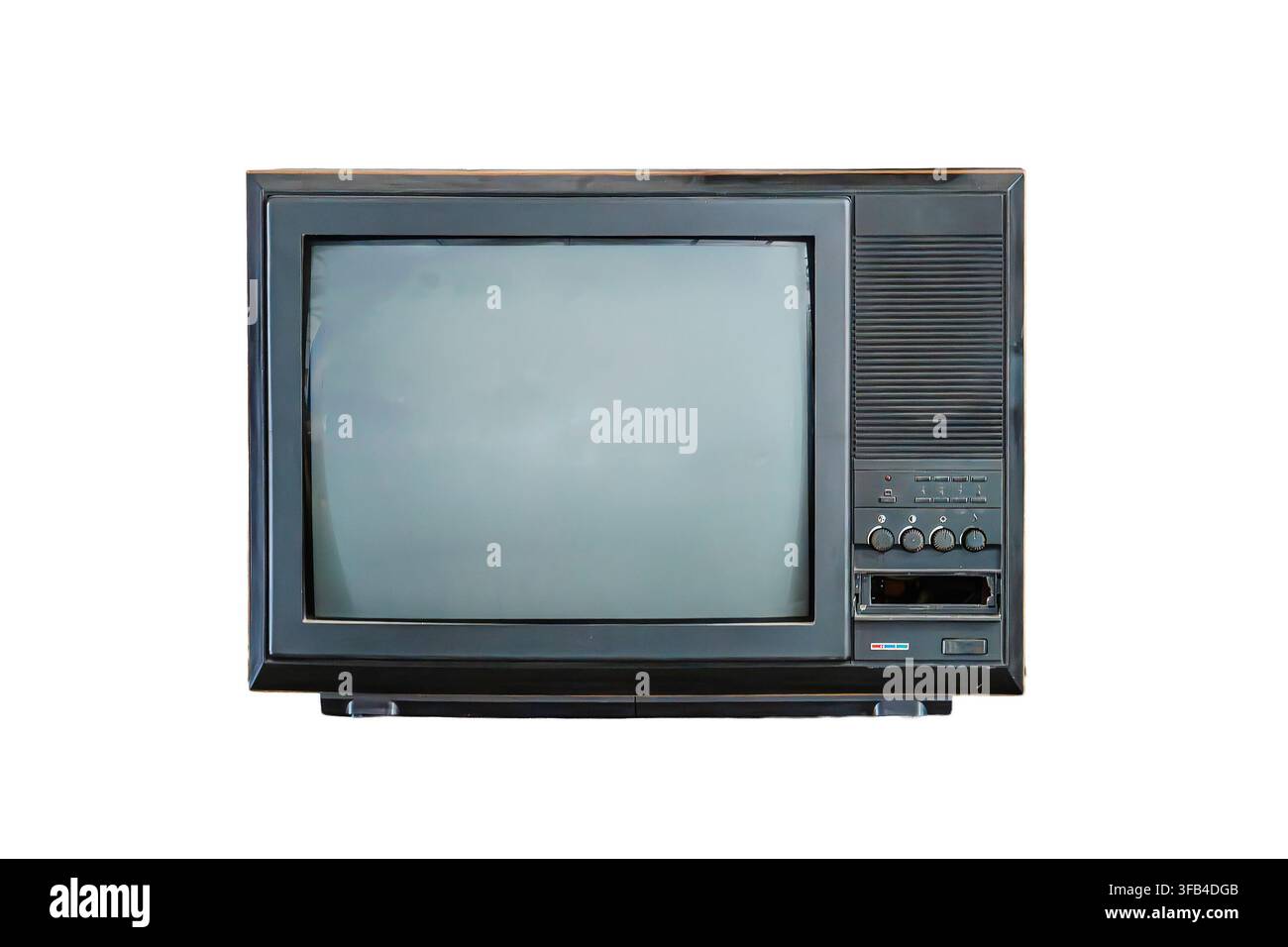 Vintage television set isolated on white background, featuring rectangular bulky design, manual control knobs, black matte surface, high contrast pres Stock Photo