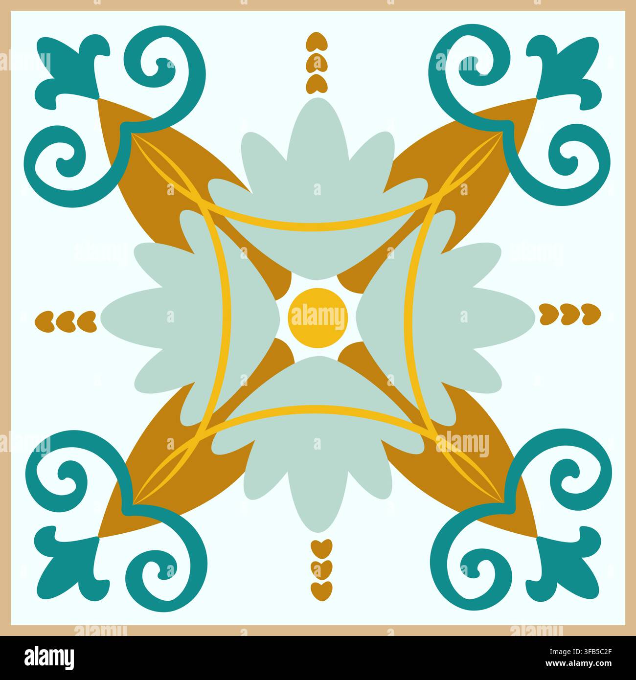 Intricate Geometric Pattern Featuring Leafy Shapes and Curved Lines in a Colorful Symmetric Design Stock Vector
