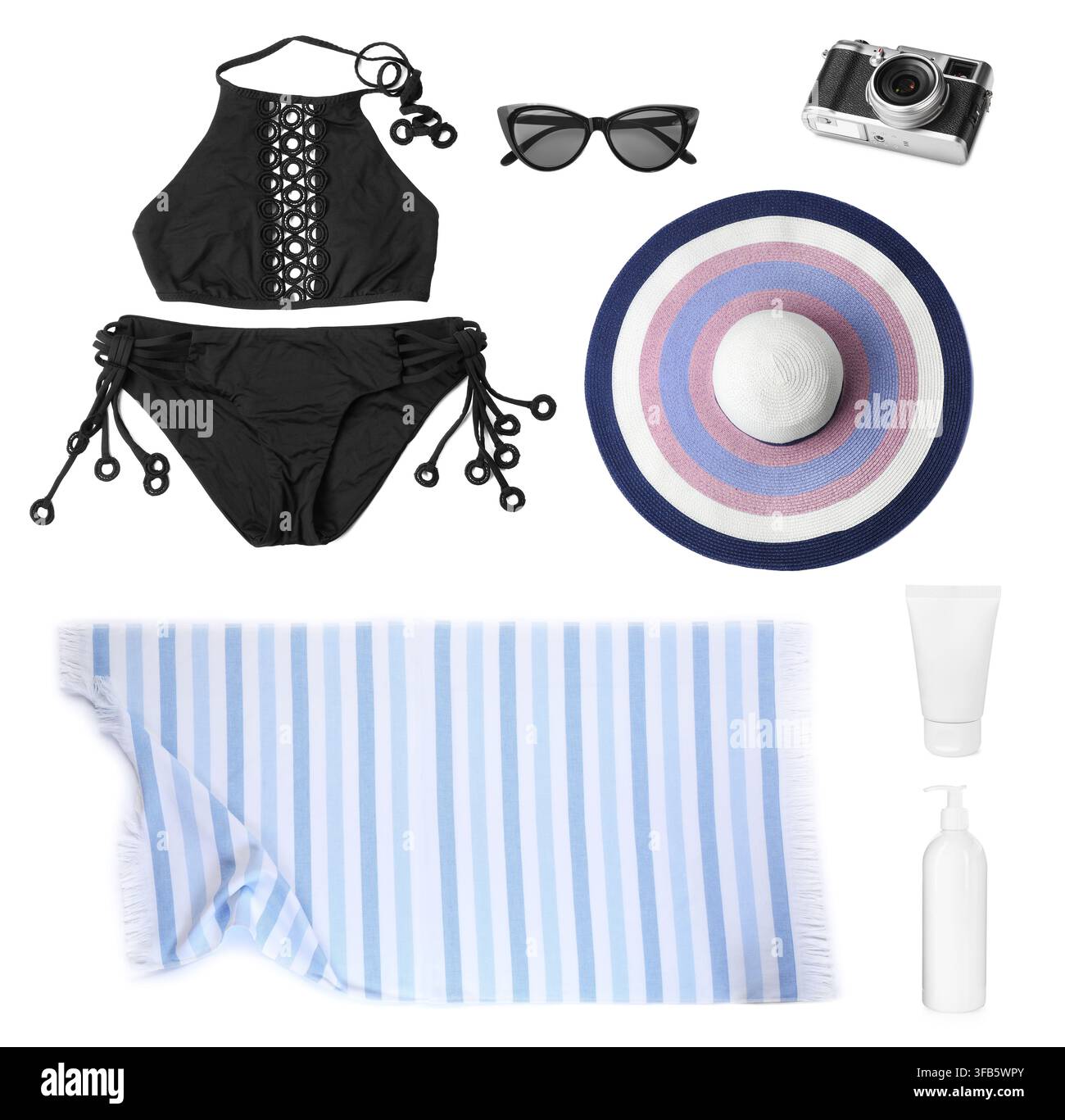 Beach items and vintage camera isolated on white, set Stock Photo