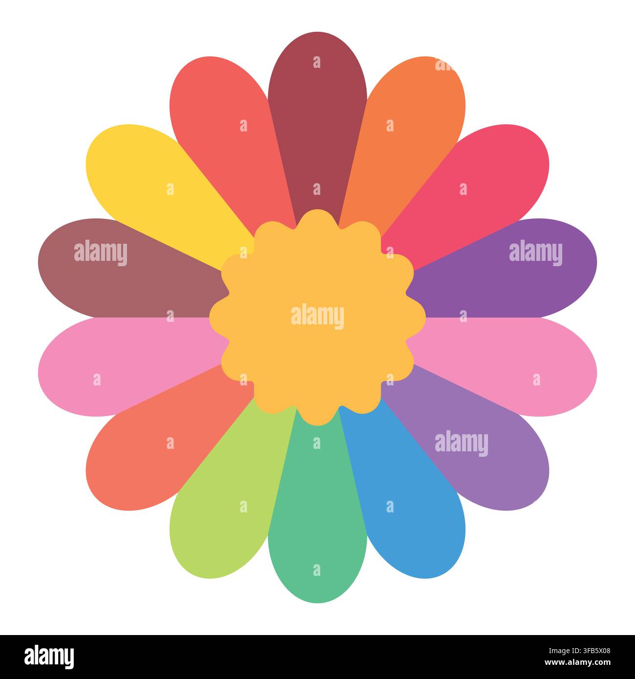 Bright multi-colored flower icon with a yellow center, symbolizing happiness, imagination, and inclusive growth Stock Vector