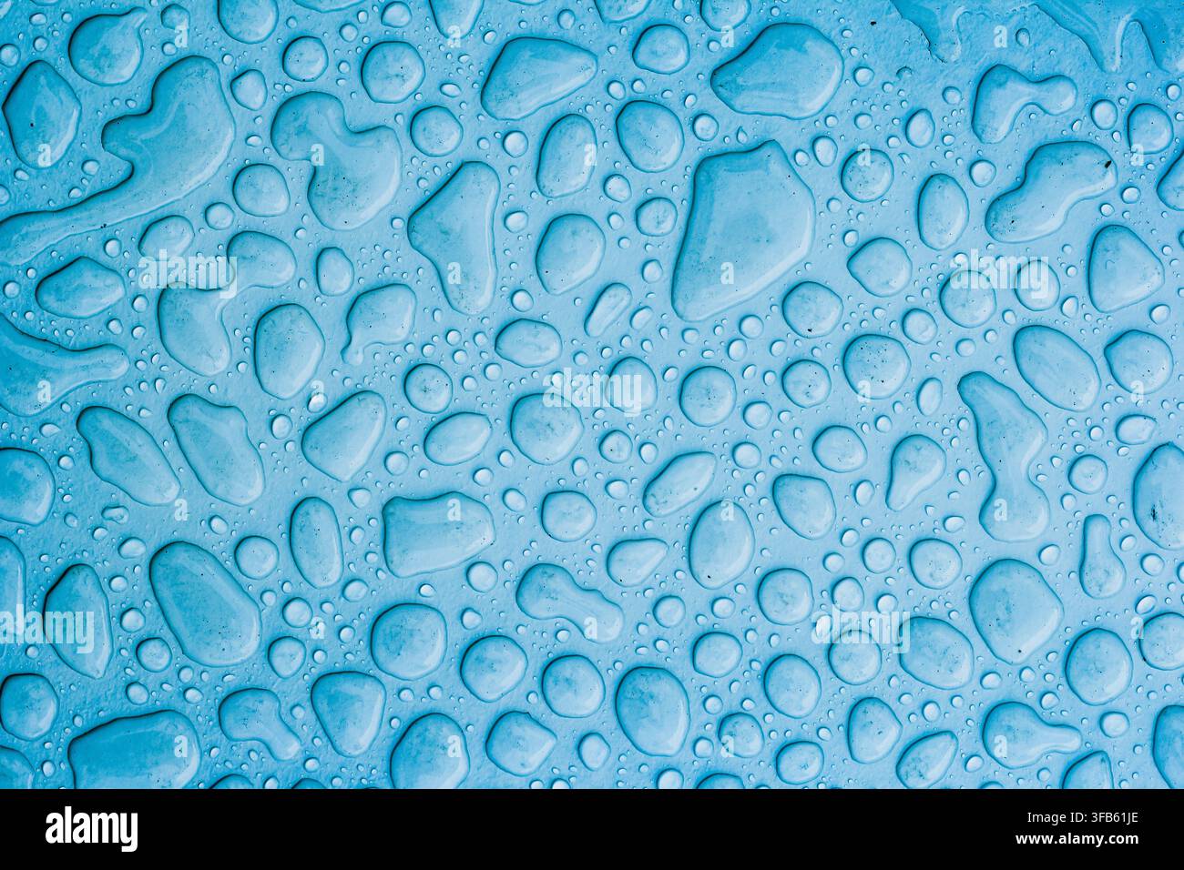 Caption: Blue water droplets forming an abstract surface texture background Stock Photo