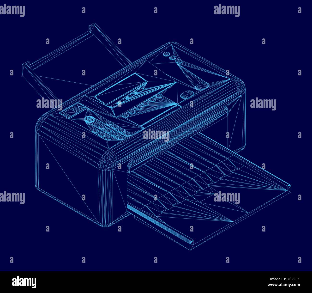 A detailed 3D wireframe model of a desktop printer, presented as a technical blueprint on a solid blue background. Stock Vector