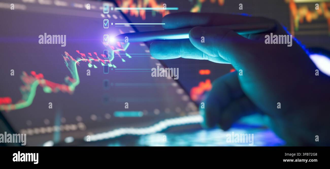 Executing investment goals. Businessman checking off tasks on a virtual interface while analyzing cryptocurrency data on laptop. Stock Photo