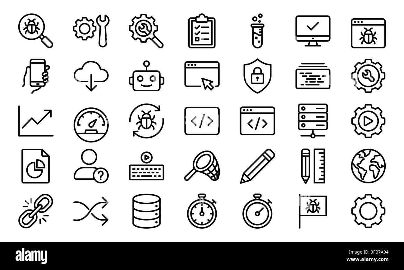 Software development bug testing technology line icon set vector Stock Vector