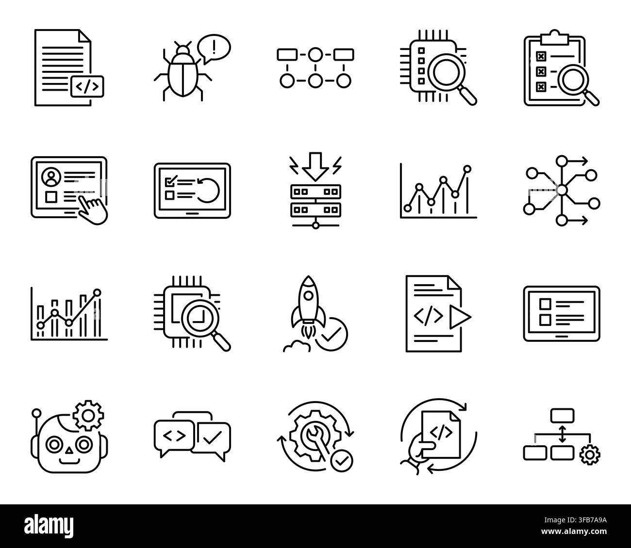 Software testing quality assurance code analysis line icon set Stock Vector