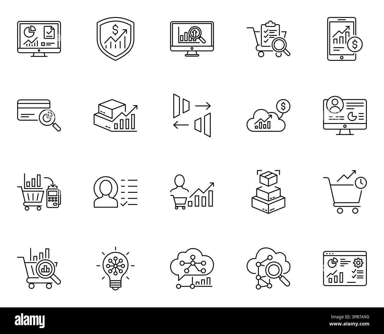 Ecommerce analytics business data shopping growth line icon set Stock Vector