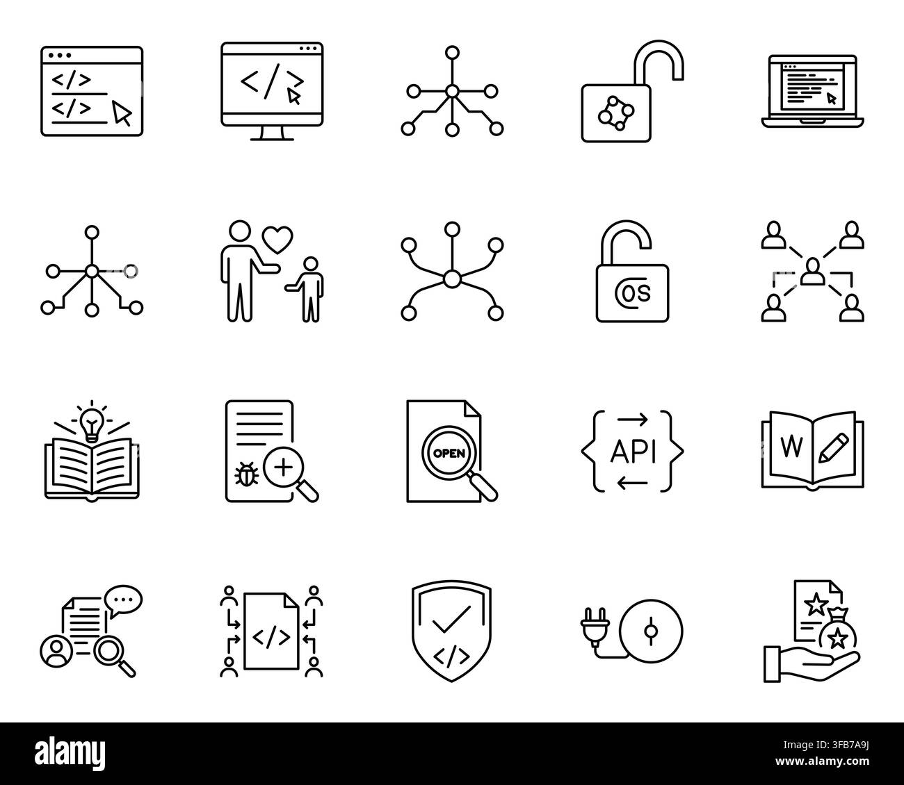 Open source software programming coding network line icon set Stock Vector