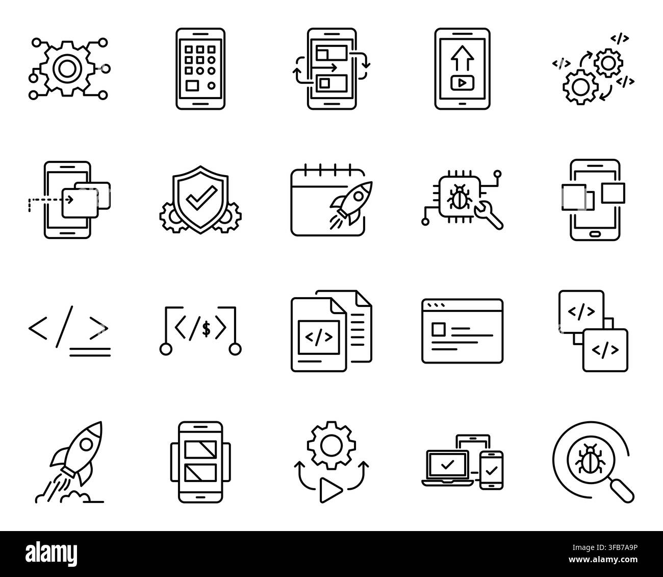 Mobile app development coding technology line icon set vector Stock Vector
