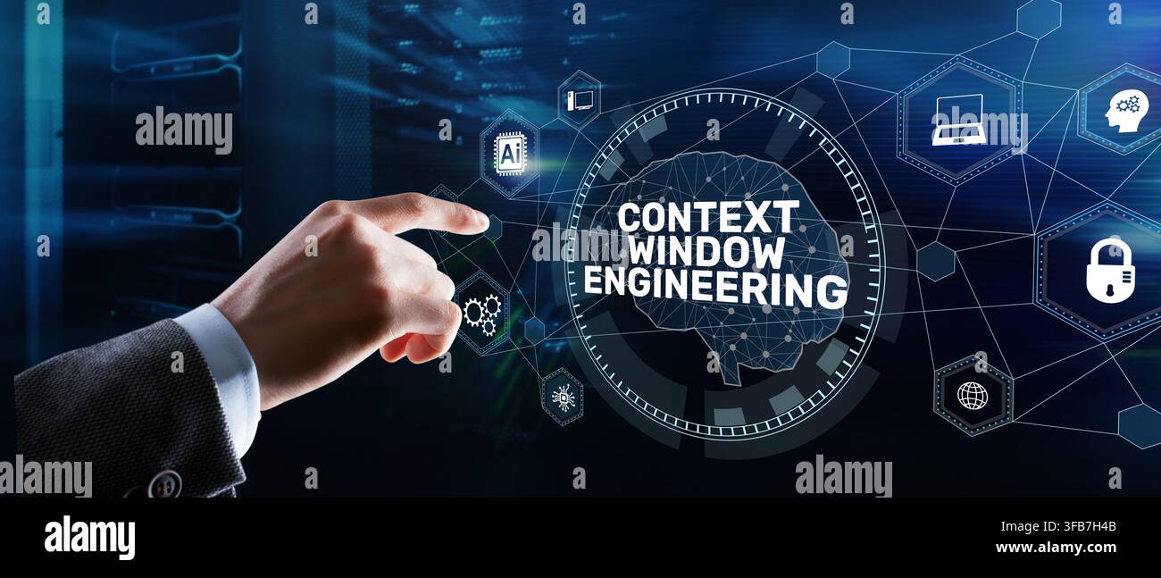 Context window engineering concept for AI and machine learning optimization with interactive digital interface Stock Photo