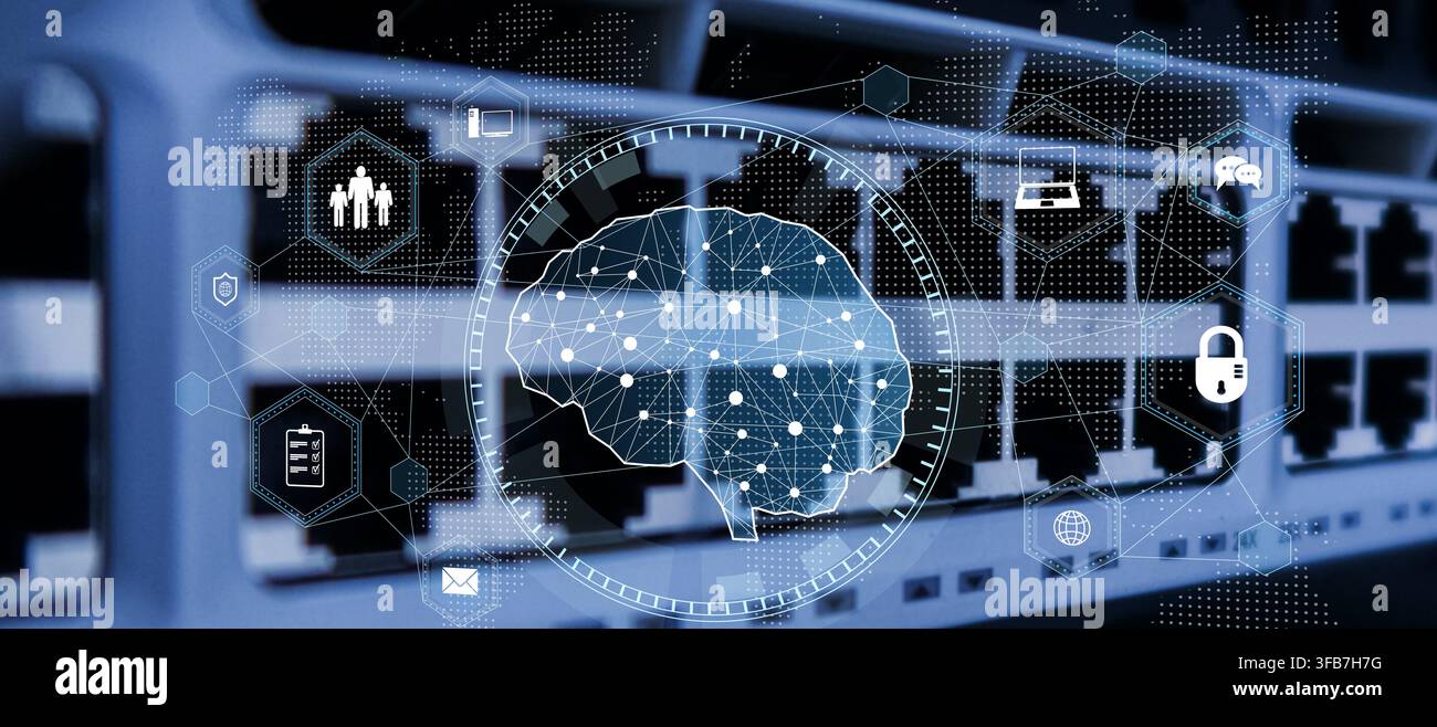 Artificial intelligence system for data analysis and cybersecurity with network icons and digital brain visualization Stock Photo