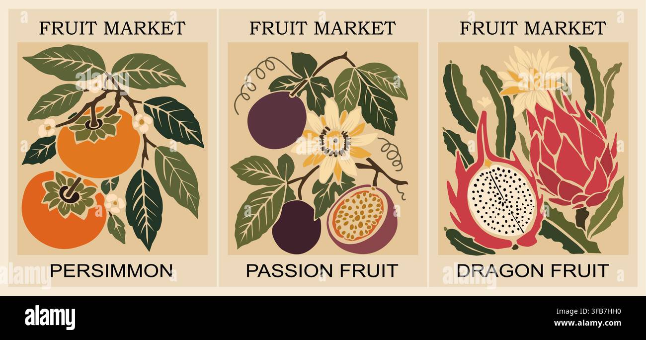 Fruit market scene features three vibrant types Stock Vector