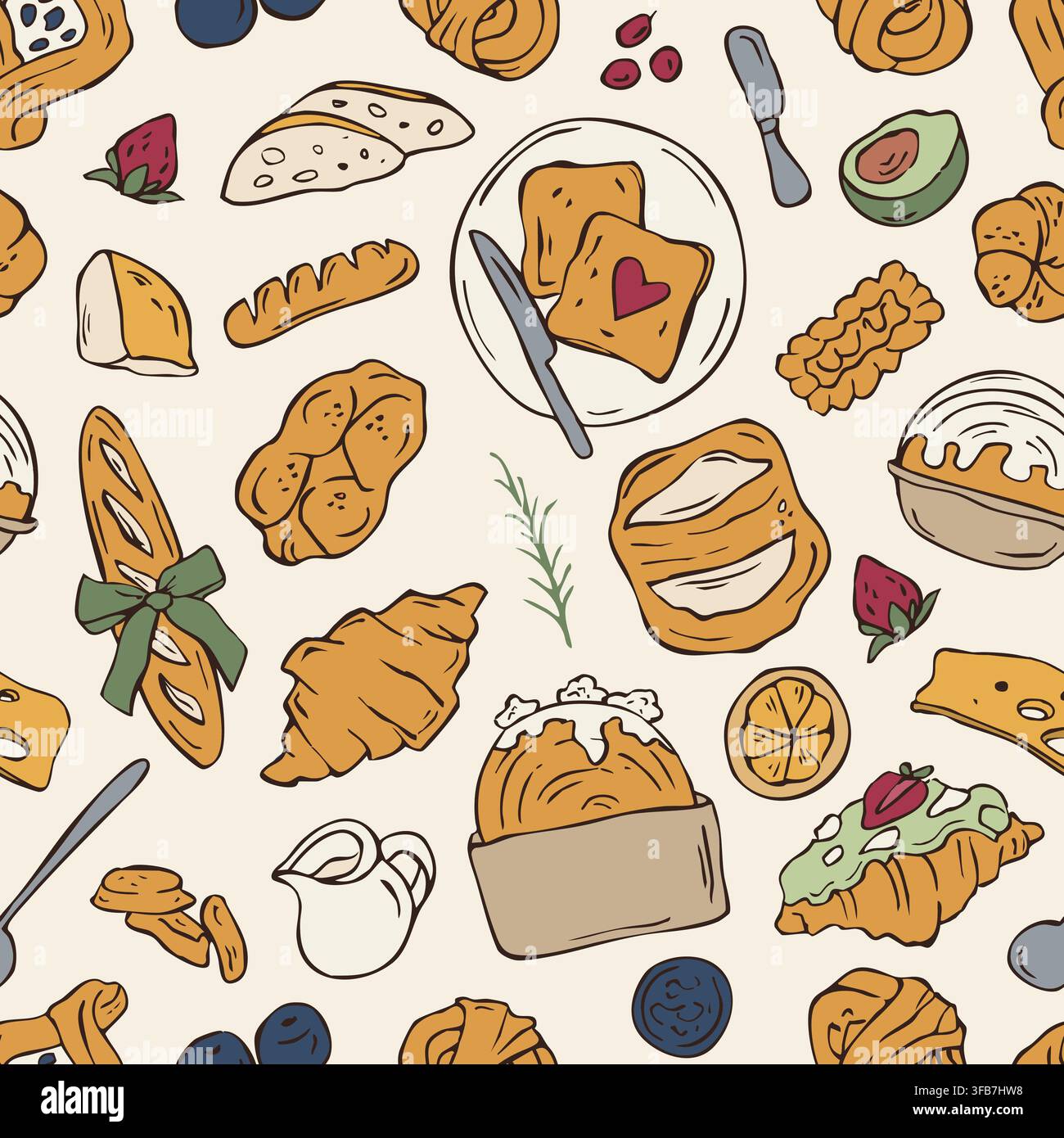Hand drawn bakery and breakfast seamless pattern vector doodle illustration Stock Vector