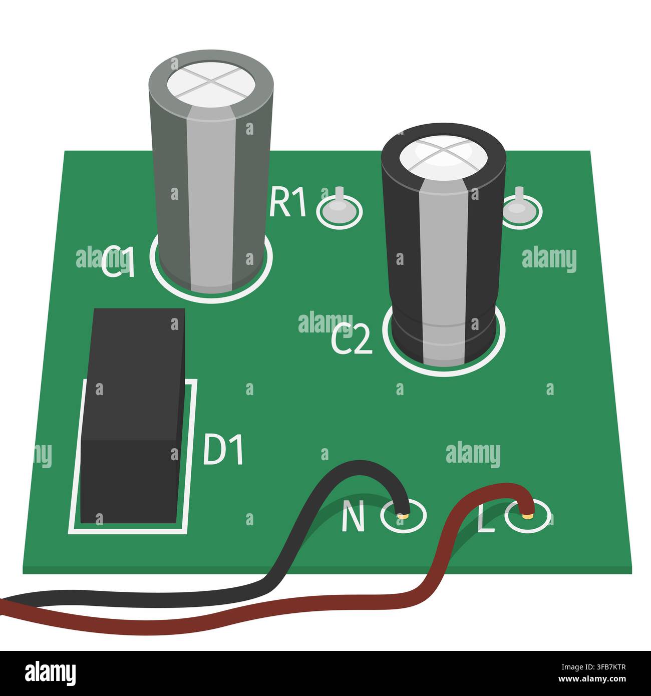 PCB Circuit Board with Normal and Bulging Capacitor Stock Vector