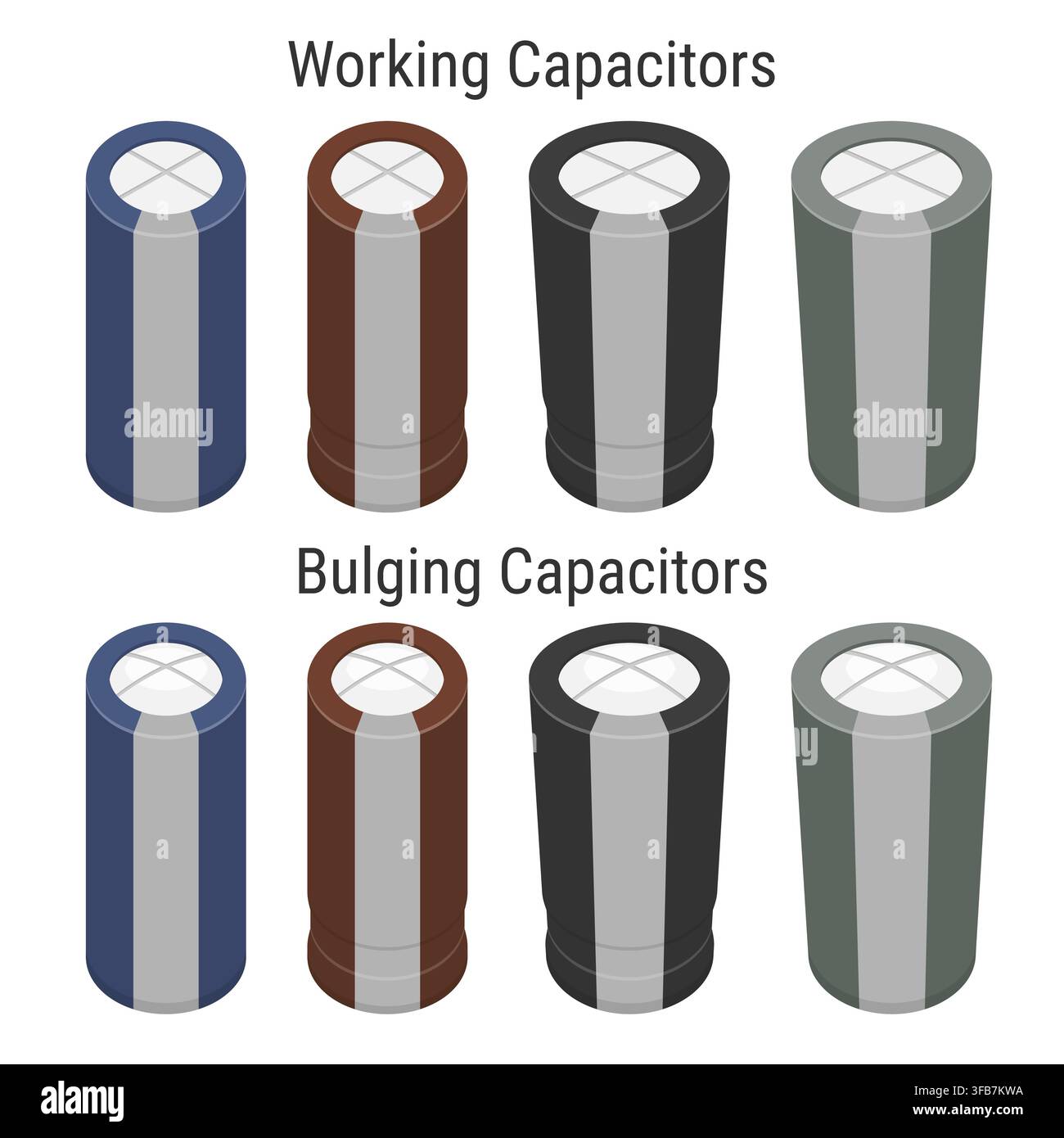 Working vs Bulging Electrolytic Capacitors Comparison Set Stock Vector