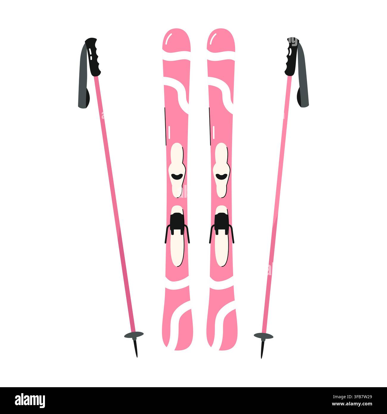 Pink downhill skis with bindings and ski poles pair for winter mountain sports flat Stock Vector