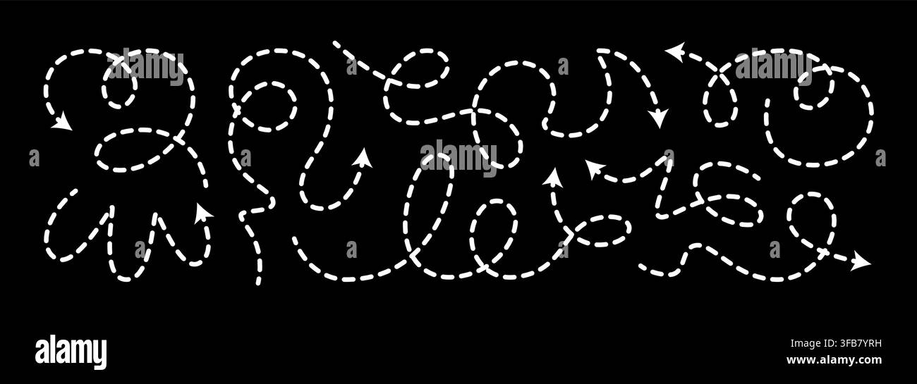 Dashed arrow squiggly vector line set. Curved shape doodle brush element. Complex plan, map path pattern. 3d up down direction scribble dynamic curly Stock Vector