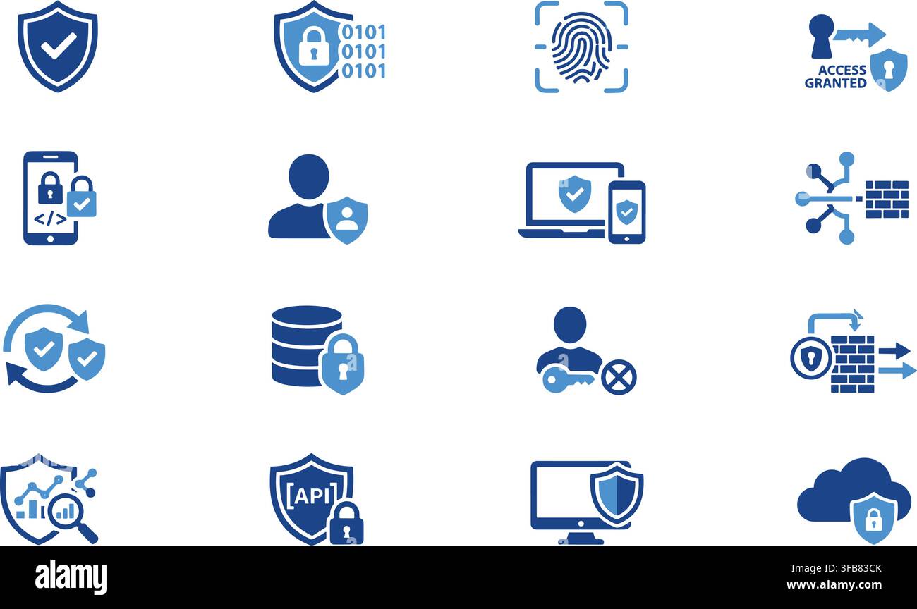 Advanced security iconography set with blue shield and biometric authentication symbols for secure network protection. Stock Vector