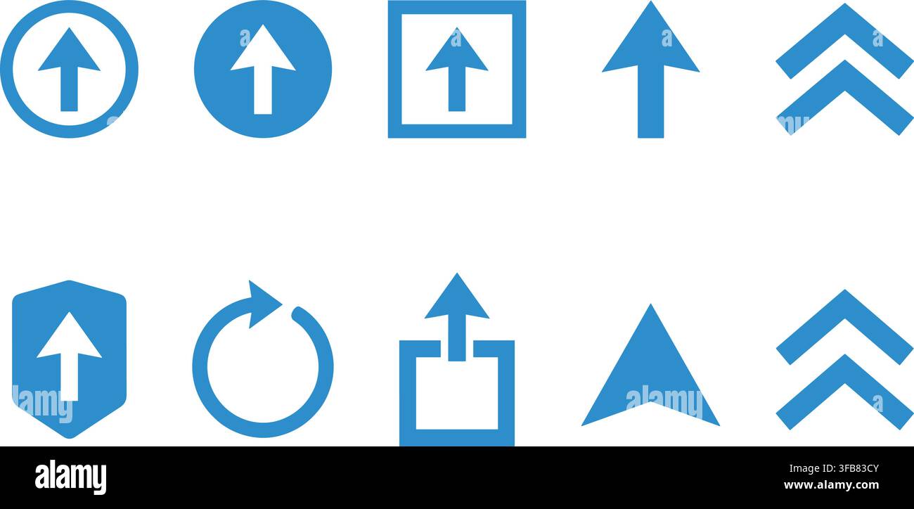 Blue arrow direction icons collection for web navigation and data upload progress indicating movement and growth trends. Stock Vector