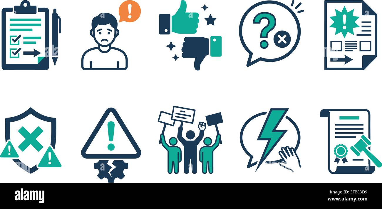 Business conflict resolution and dispute management vector icons set featuring stress anger warning and legal symbols. Stock Vector