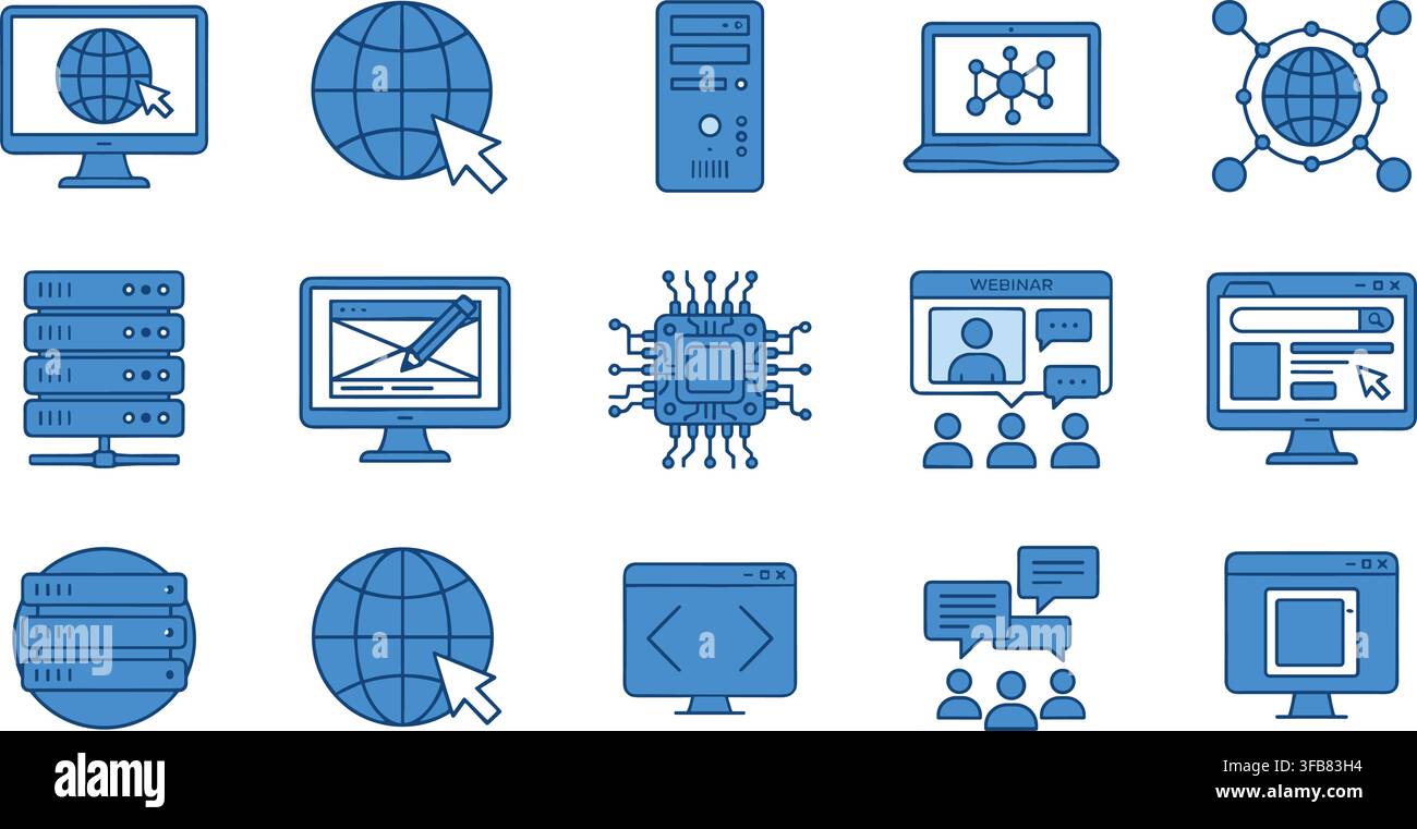 Computer network and database icons set with blue internet server symbols for webinar streaming and digital technology. Stock Vector