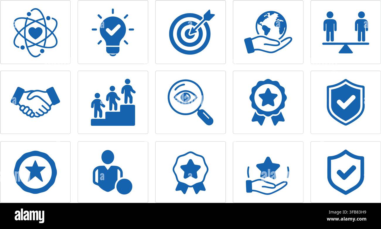 Core values and ethics icons set with balance scale target globe idea award shield search handshake blue pictograms pack. Stock Vector