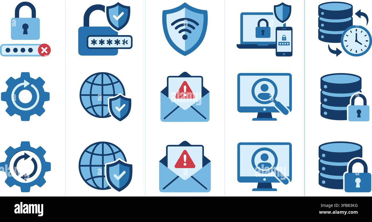 Cyber security icons with locks and shields for digital protection and data safety on a transparent background. Stock Vector