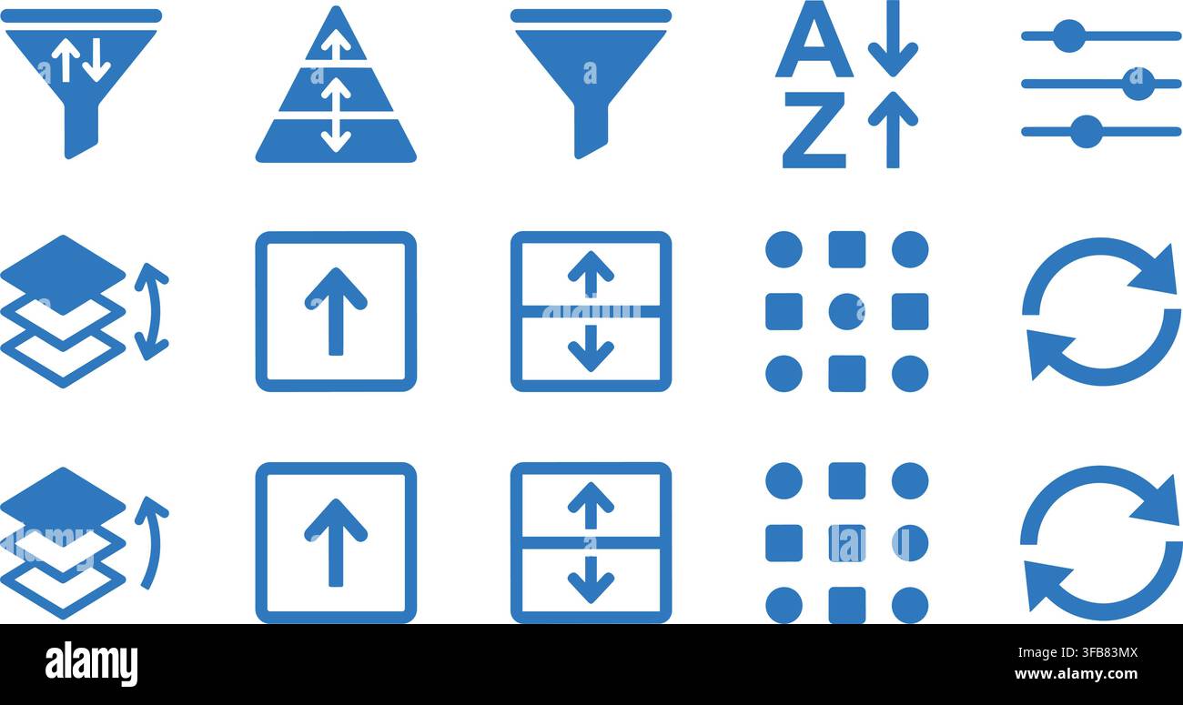 Data management and user interface filter icon set in blue color for software development and website navigation layout. Stock Vector