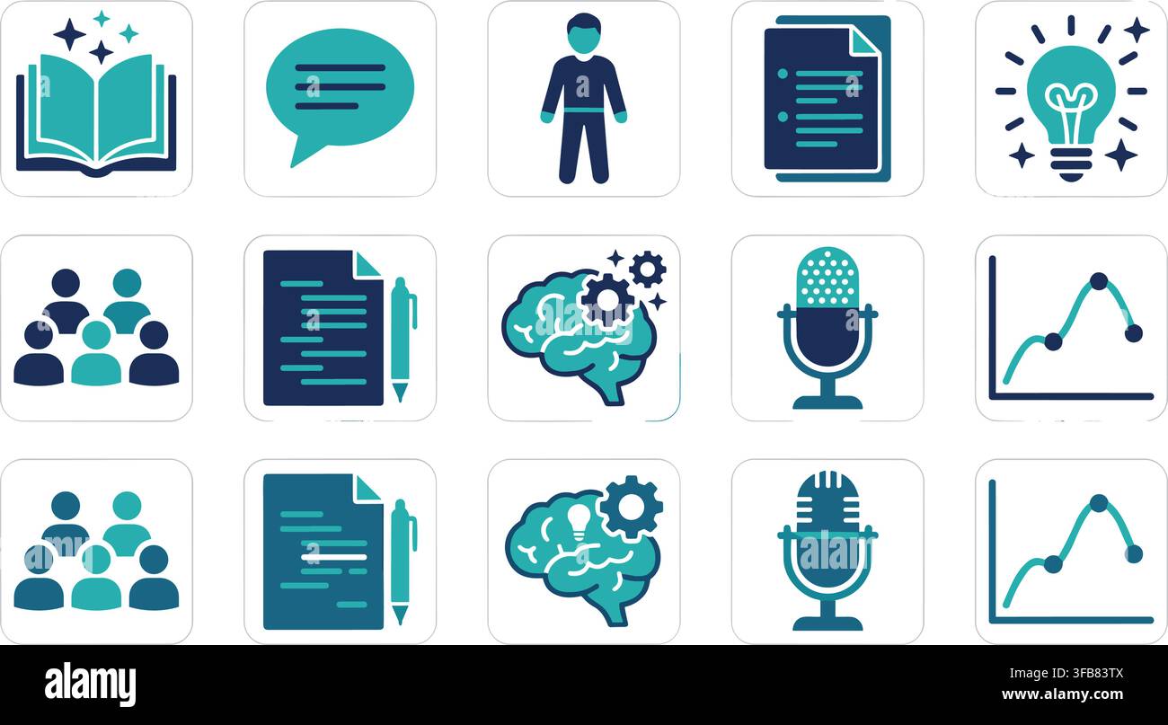 Educational research and communication icons with book document brain lightbulb microphone and data chart visuals. Stock Vector