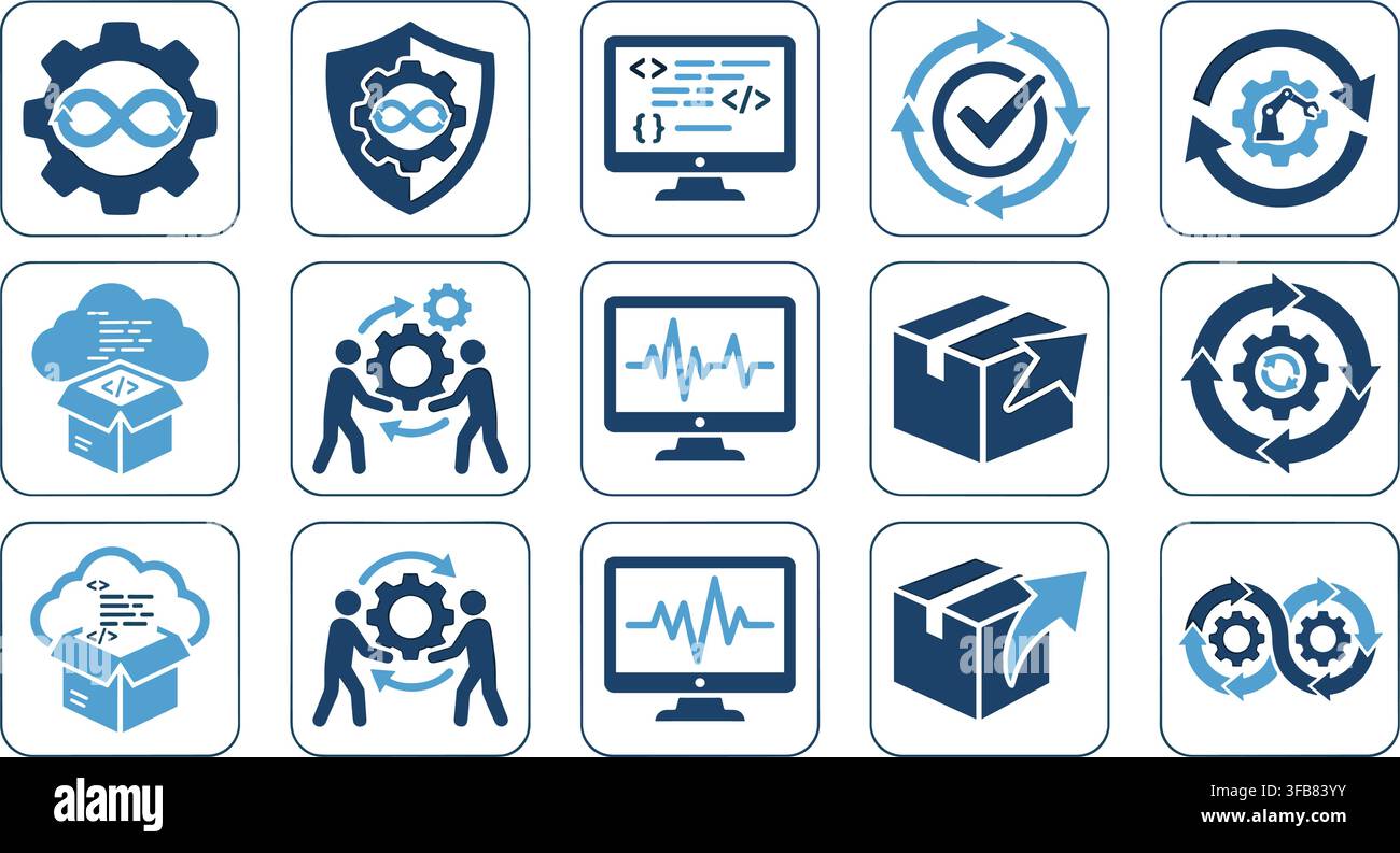 Devops development and software engineering process icons in blue square frames for system automation and cloud. Stock Vector