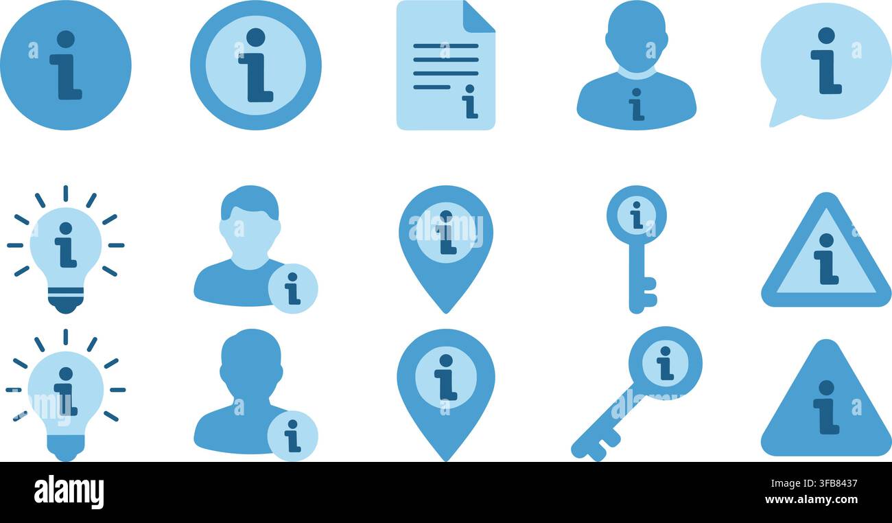 Information and communication light blue icons representing advice, support, and various notification functions. Stock Vector